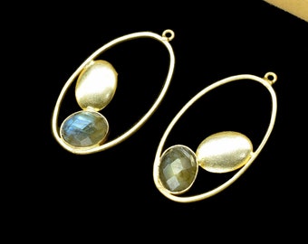 Labradorite Gemstone Component Oval Shape Single Bail Charm,Labradorite Connector Pendant,Finding Gold Plated Connectors,Labradorite Jewelry