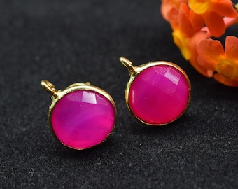 Pink Chalcedony 10mm Earring connector Stud post setting with loop hoop open bail,Hot Pink Chalcedony Round Gold Plated Earring With Loops