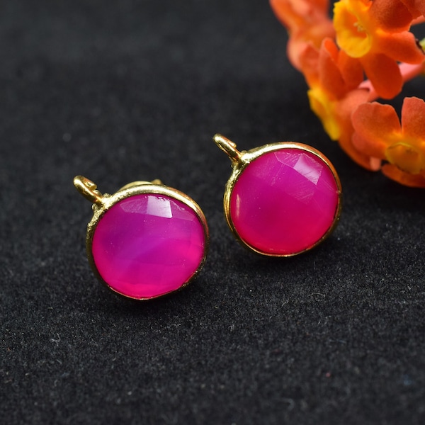 Pink Chalcedony 10mm Earring connector Stud post setting with loop hoop open bail,Hot Pink Chalcedony Round Gold Plated Earring With Loops