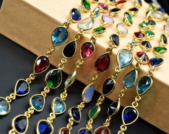 Multi Stone Faceted Bezel Link Connectors Chain, Gold Plated Chain,Pear Shape Bezel Chain,Hanging Bezel Link Chain Supply,bezel chains