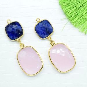 Blue Sapphire Component pendant,Multi Stone Dangle Earring,Square Shape Pendant Jewellry,Rose Quartz Dangle pendant Charm,Gemstone Connector