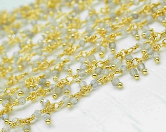 Labradorite 2mm Cluster Beaded Chain,Labradorite Rosary Chains,Gold Plating Wire Wrap Chain,Brass Chain,Rosary Chain,Jewelry Making Chains