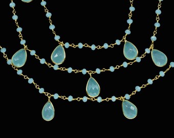Cadena de eslabones de conector de bisel facetado de 8x12 mm de calcedonia aqua, cadena de cuentas facetadas de 3 mm de agua, cadena de eslabones de conector de bisel de piedras preciosas, cadena de rosario de agua