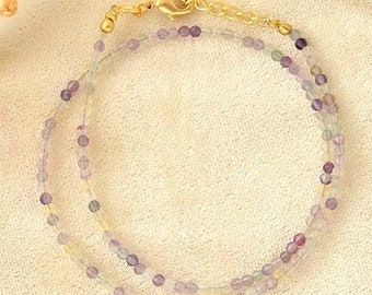 Tiny Rainbow Fluorite Gemstone Beaded Minimalist Choker, Dainty Gemstone Necklace, Waterproof Crystal Choker, Women Simple Style Choke