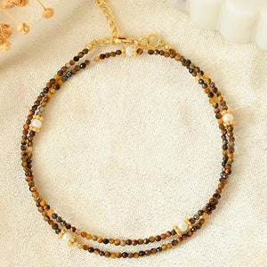 Tiger Eye 2MM Bead Necklace,Handmade Tiger Eye Beaded Necklace,Gift for her,gemstone choker, short necklace,Minimalist Choker, Healing gift
