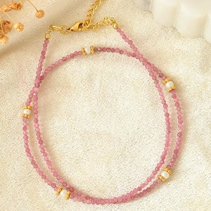 Pink tourmaline necklace, Genuine tourmaline gold choker,Dainty pink beaded necklace, October birthstone gift, gold choker,Healing Jewelry