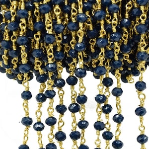 Blue Agate 3mm Beaded Chain,Blue Agate Rosary Chains,Blue Agate Gold Plating Wire Wrap Chain,Brass chain,Jewelry Making Chain,Rosary chain
