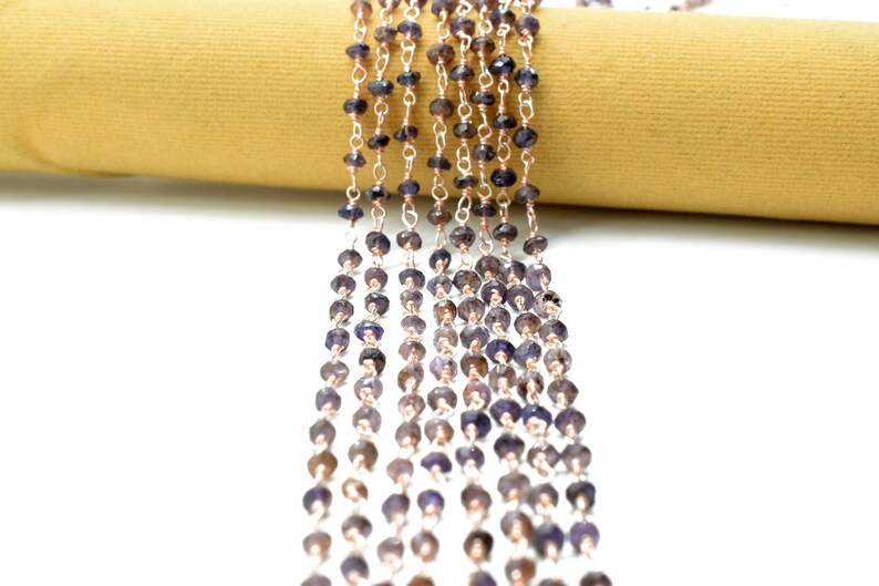 May include: A strand of dark purple gemstone beads strung on a silver chain. The beads are faceted and have a slightly iridescent sheen.
