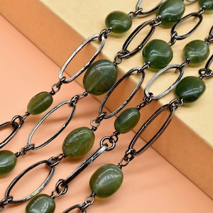 Green Jade Connector Link Chain, 8x16mm Finding Green Jade Chain, Green Jade Oval Connector Chain, Green Jade Bezel Chain, Green Jade Rosary