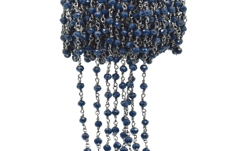 Cadena de cuentas de ágata azul de 3 mm, cadenas de rosario de ágata azul, cadena de alambre de rodio negro de ágata azul, cadena de latón, cadena para hacer joyas, cadena de rosario imagen 1