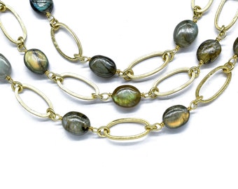 Labradorite Bezels Connector Chain, Jewelry making Supplies,Labradorite Faceted Nuggets Brass Gold Plated Wire Wrap Chain By the Foot