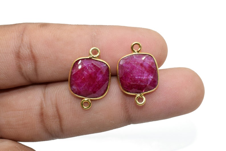 Ruby 12mm Cushion shape Double bail connector,Ruby Pendant,Ruby cushion Gold Plated bezel,Ruby Double loop connector,jewelry making charms