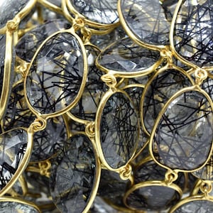 Black Rutile Gold plated Bezel Connector Chain,Black Rutile Faceted Bezel Link Chain,Black Rutile Free form bezel connector chain,jewelry
