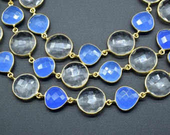 Blue chalcedony & Crystal Bezel Chain I Handmade Bezel Link Chain I Chalcedony Gold Plated Bezel Chain,,Gemstone Connector Chain Per Foot