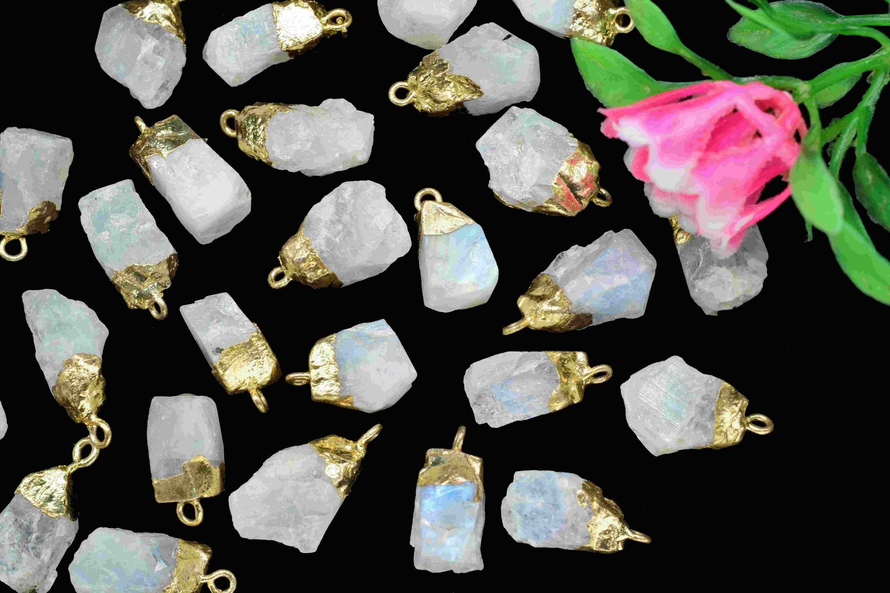 Rainbow Moonstone Rough Electroplated Birthstone Charm,Gemstone Pendant Jewelry,Raw Stone Pendant,Freeform Pendant,Single Bail Pendant,Gift