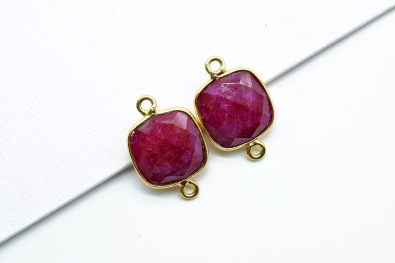 Ruby 12mm Cushion shape Double bail connector,Ruby Pendant,Ruby cushion Gold Plated bezel,Ruby Double loop connector,jewelry making charms