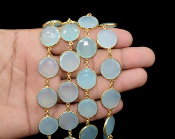 Aqua Chalcedony Round Connector Chain,Chalcedony Gold Bezel Connector Chain,Round Aqua Chalcedony Faceted Gemstone,Gold Plated Rosary Chain