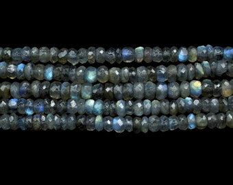 Cuentas de labradorita facetadas de color gris claro natural de calidad AAA, rondelle de 7,5 mm x 8 mm, cuentas de labradorita facetadas con destellos de arcoíris, tira de 6"