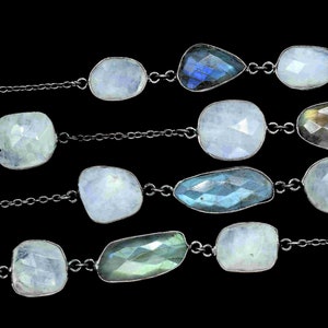 Rainbow Moonstone Mixed Shape Faceted Bezel Chain,Labradorite Handmade Bezel Link Chain,Gemstone Bezel Connector Rosary,Black Rhodium Bezel