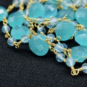 Aqua Chalcedon, Sky Topas Perlen & Herzform Kette, Perlen Wire Wrapped Edelsteinperlen, facettierte Rosenkranzkette, Edelstein Rosenkranz Stil Ketten