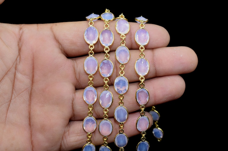 Oval Necklace Chain,Bezel Connector Chain,Selling Per Foot,Jewelry making chains Pink Opalite Gold Plated Bezel Chain Gemstone Connector