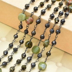 Natürliche Pyrit Rosenkranz Kette, 3,5 mm-4 mm facettierte Perlen, schwarz überzogener Draht gewickelt Kette, facettierte Pyrit Perle,Gunmetal überzogener Rosenkranz,Ketten,