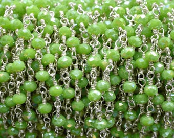 Corrente frisada de crisoprase, corrente de rosário de pedras preciosas verdes, corrente de rosário enrolada em arame, elos de pedra de quartzo verde, fabricação de joias de rosário artesanal, presente