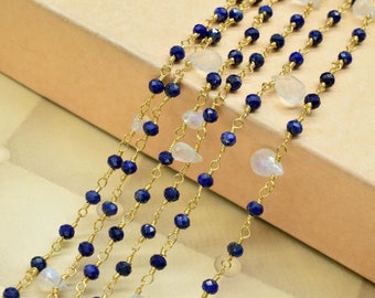Natürliche Lapis Draht Gewickelt Perlen Kette 3mm ca., Mondstein Tropfen Wire Wrapped Rosenkranz Kette, Edelstein Rosenkranz, vergoldet Rosenkranz Tropfen,