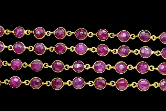 Natural Ruby Faceted Bezel Connector,Finding Round Bezel Chain,handmade Jewelry Chain,Station Link Chain,Ruby Round Beads Chain necklace