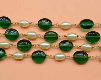 Chaîne à maillons en perles de quartz émeraude avec perles blanches,Chaîne de chapelet plaqué or,Chaîne de perles,Chaîne de chapelet enroulée de fil,Chaîne de perles par pied