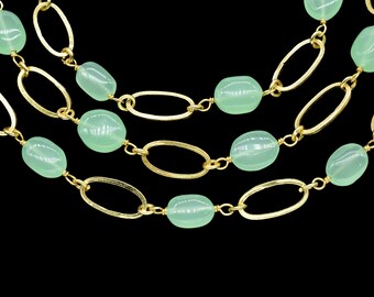 Natural Prehnite Gold plated Gemstone Link Chain,Prehnite Gemstone Connector  Chain,Linked Connector Chain,Wire Wrapped Bezel Beads Chain