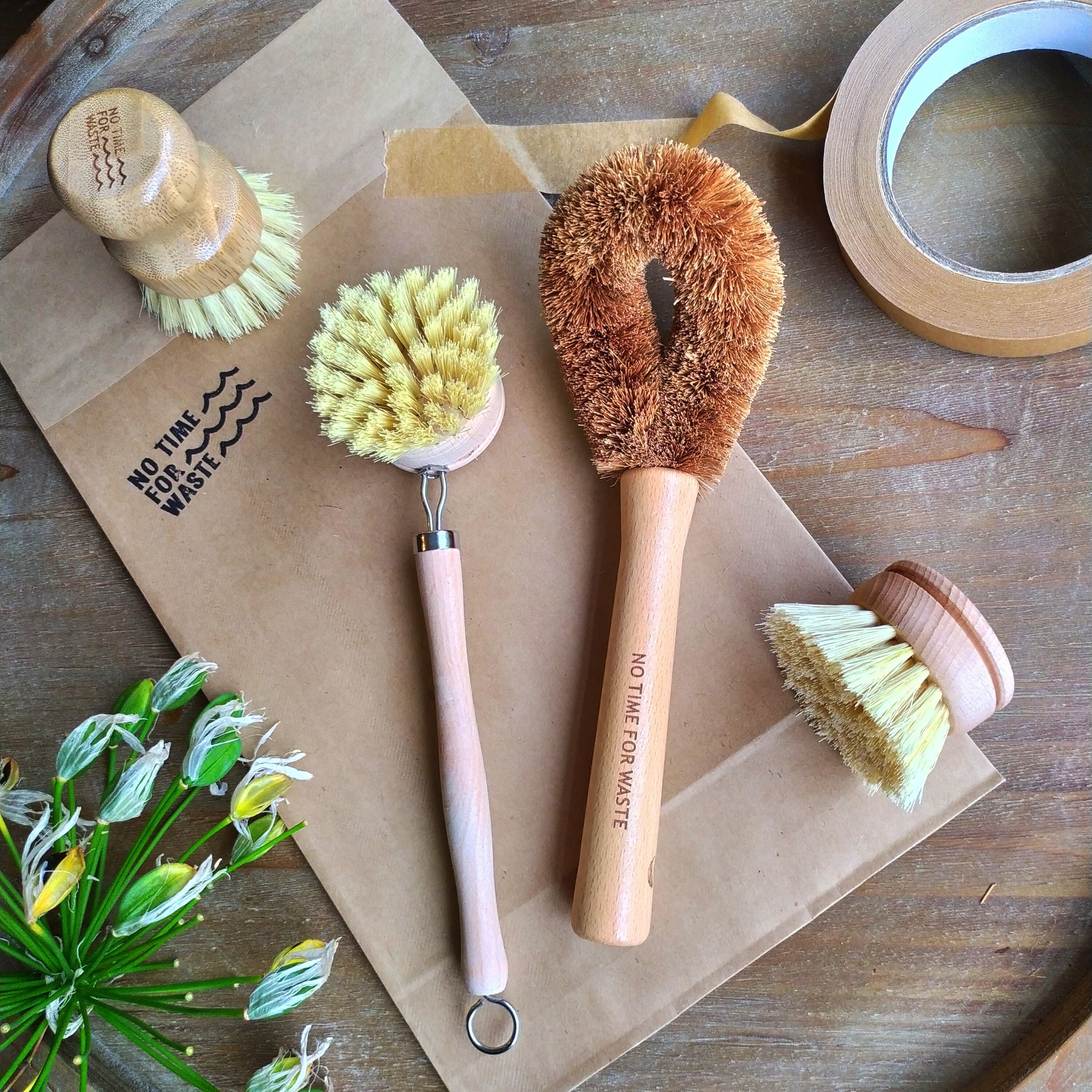 Cepillo de madera para platos de cocina de 8 piezas, incluye cepillo de  limpieza de bambú y cabezales de cepillo de repuesto, cepillo de platos  para