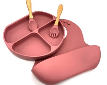 Pink Baby Feeding Set BPA Free Silicone Suction Plate Bowl Microwave Dishwasher safe Food Catching Bib Fork Spoon Training Birthday Gift