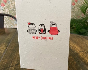 Christmas Seed Paper Greetings Card, Cute Penguins A6, Embedded Wildflower Seed, Recycled, Compostable. Zero Waste & Multi-Use. Vida Natural