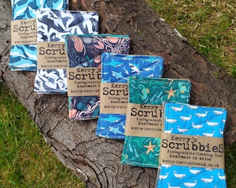 Scrubbies x2 Paño absorbente de bambú, Temática marina, Arpillera natural, Algodón, Lavado, Limpieza, Regalo de cocina ecológica, Sostenible, Antirresiduos