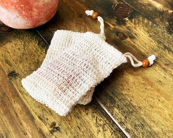 Sisal Soap Saver Bag x 1, Zero Waste Lathering Shampoo Crochet Drawstring & Bead. Eco Friendly Kitchen and Bathroom Gift, Birthday Gift