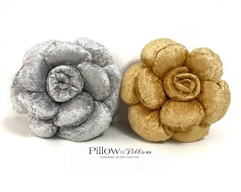 Reversible Velvet Rose Pillow, Silver Gold Flower Cushion