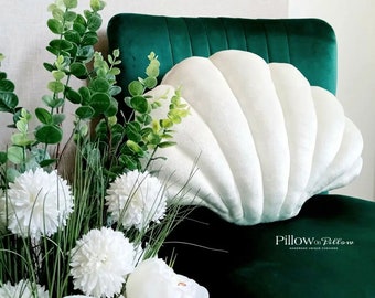 Cushion Seashell, WHITE color pillow,round cushion,seashell decorative pillow,shell shape pillow,pearl pillow,velvet shell,velvet ball