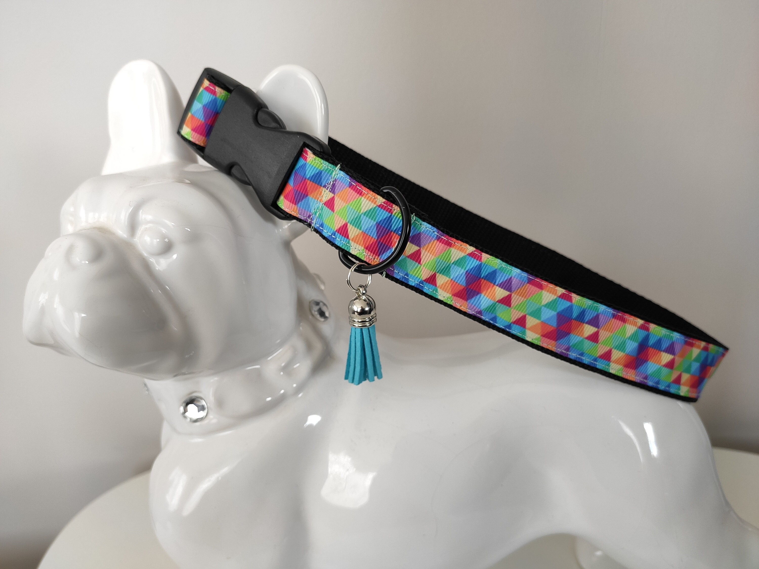 Collier Chien Réglable Tissus Motif Arc en Ciel Multicolor