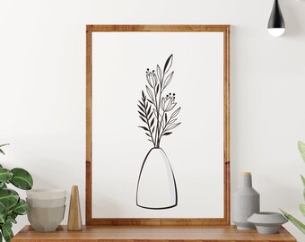 Minimalist Poster Wall Art, Black and White Art Modern Prints, Flower Poster, Vase, Plant Wall Art, Digital Download