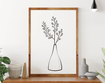 Minimalist Printable Wall Art, Black and White Art Modern Prints, Flower Poster, Vase Wall Art, Plant Wall Art, Digital Download