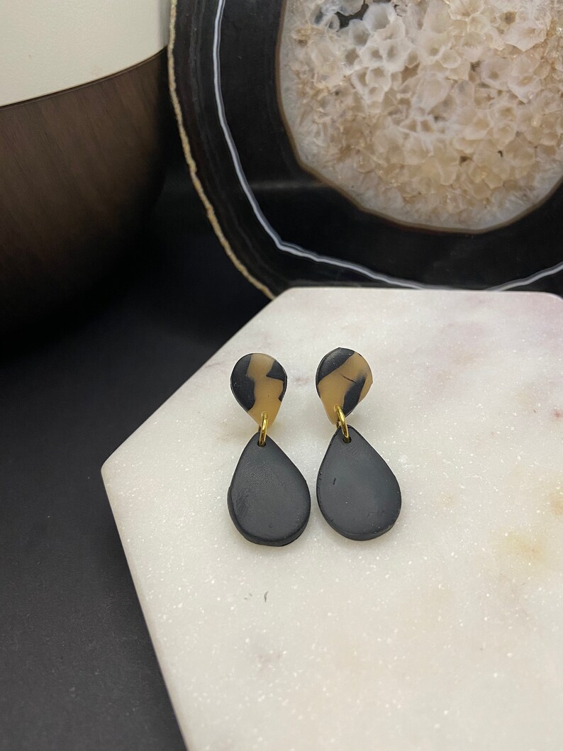 Nickel Free TEARDROPS Handmade Polymer Clay Earrings Ink Bone