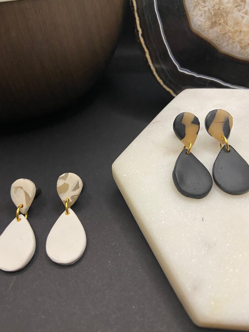 Nickel Free TEARDROPS Handmade Polymer Clay Earrings Ink Bone