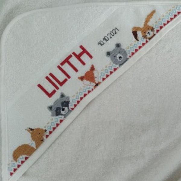 Hooded bath towel, washcloth and bib, hand embroidered, customizable, cross stitch