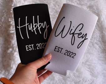 Wifey and Hubby Couple Slim/Tall Can Cooler Gift \\ Newly Married or Engaged Wedding Gift \\ Matching His and Hers Can Coolers