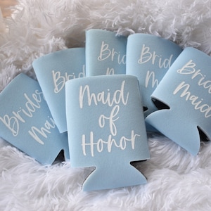 Dusty Blue Bridesmaid Proposal Can Cooler, Bridesmaid, Maid or Matron of Honor Beer Hugger, Bridal Party Stubby Holder, Wedding Beer Jacket