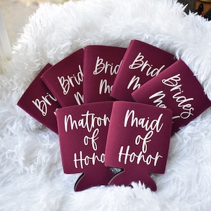 Burgundy Bridesmaid Proposal Can Cooler, Bridesmaid Gift, Maid or Matron of Honor Cozie, Bridal Party Beer Hugger, Beer Jacket, Beer Sleeve