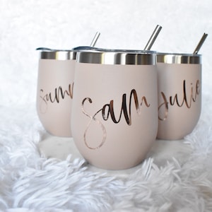 Pink Wine Tumbler w/ Straw&Brush, Custom 12oz Personalized Stemless Insulated Wine Tumbler, Bachelorette Party Bridesmaid Gift Wedding Favor