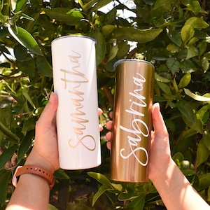 Gold Custom Personalized Tumbler with Straw, Bridesmaid Gift, Custom 20oz Insulated Skinny Tumbler, Bachelorette Party, Bridesmaid Gift
