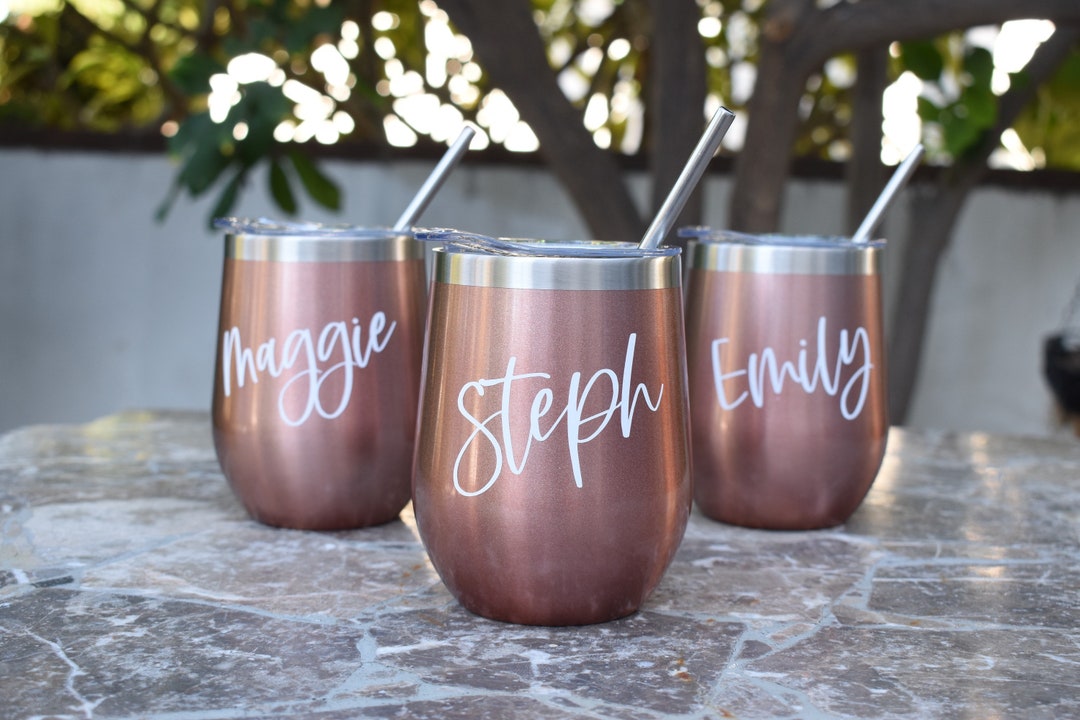 Rose Gold Wine Tumbler W/ Straw Custom 12oz Personalized Etsy